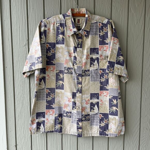 Tori Richard Hawaii Shirt L Cranes Koi Patch Print 100% Cotton Aloha - Picture 1 of 14